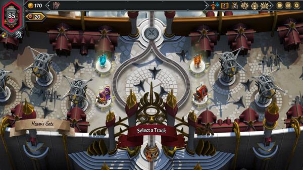 Monster Train 2 screenshot: A strategic map view showing selectable tracks, resources, and ornate scenery in Heaven's Gate.