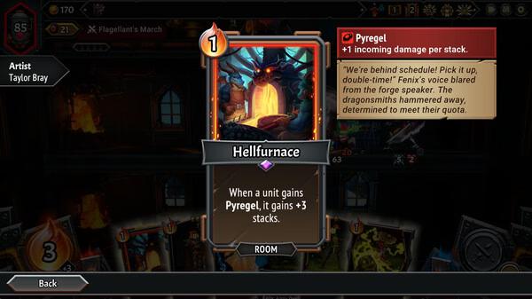 Screenshot from Monster Train 2 showing the "Hellfurnace" card, with a description of its effects and a Pyregel tooltip.