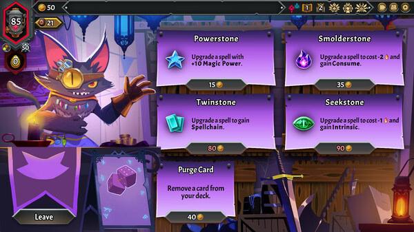 Monster Train 2 screenshot: A shopkeeper cat offers upgrades like Powerstone, Smolderstone, and card removal in a colorful shop.