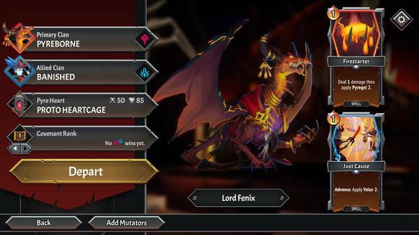 Monster Train 2 screenshot: Lord Fenix is displayed alongside cards Firestarter and Just Cause in the game interface.
