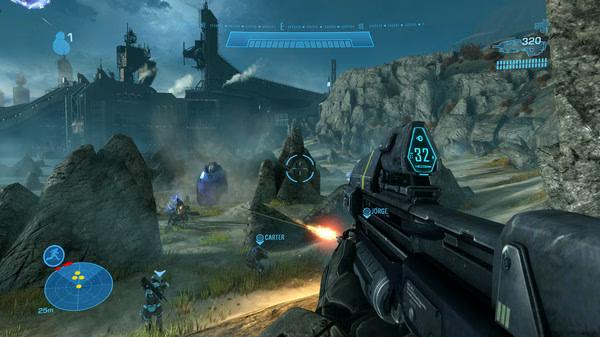 Screenshot from Halo: The Master Chief Collection showing a first-person view of combat with a rifle, HUD, and distant structures.