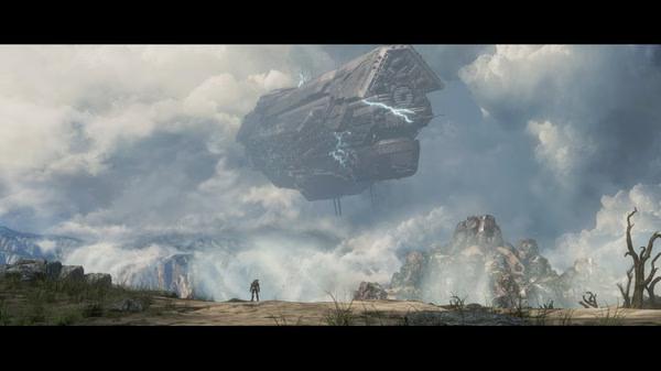 Halo: The Master Chief Collection screenshot: A lone figure stands facing a large spaceship against a cloudy sky.