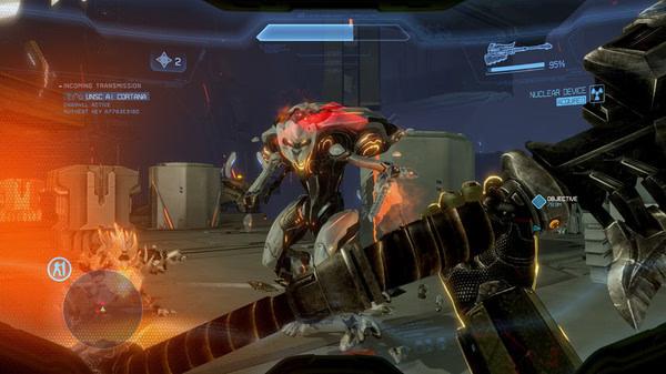Halo: The Master Chief Collection screenshot featuring a player aiming at an enemy in futuristic armor inside a space facility.