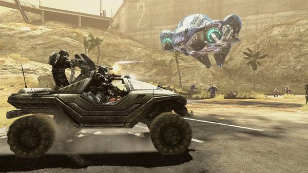 Halo: The Master Chief Collection screenshot showing soldiers in a Warthog vehicle engaging Covenant forces, with a hovering alien ship nearby.