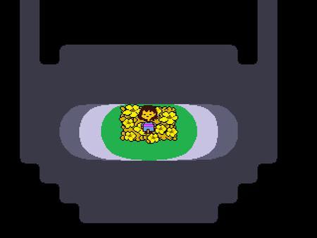 Undertale screenshot: A character stands in a bed of yellow flowers, surrounded by dark walls in a cavernous setting.