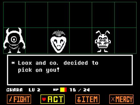 Screenshot from Undertale showing a battle screen with Loox and two creatures facing the player's character.