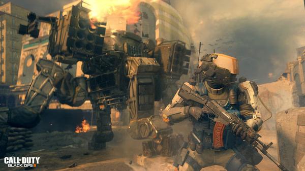 Screenshot from Call of Duty: Black Ops III showing a soldier in combat gear holding a rifle with a large mech in the background.