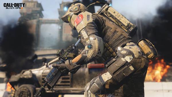 A soldier in combat gear crouches with a rifle in a battlefield in this Call of Duty: Black Ops III screenshot.