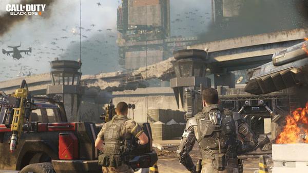 Screenshot from Call of Duty: Black Ops III shows two soldiers in combat gear facing a futuristic warzone with drones flying above.