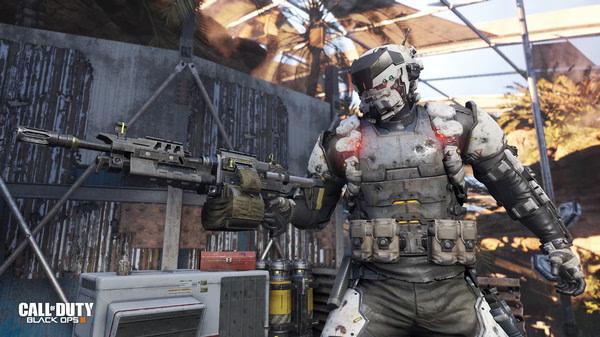 Call of Duty: Black Ops III screenshot: A soldier in futuristic armor holding a large rifle stands in a dilapidated, industrial setting.