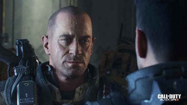 Call of Duty: Black Ops III screenshot showing two soldiers in detailed gear facing each other in a dimly lit environment.