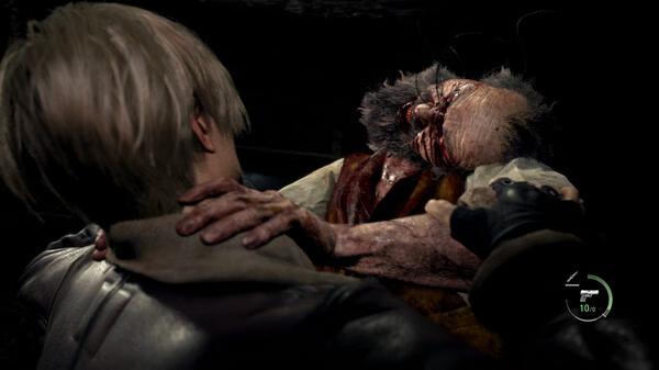 Resident Evil 4 Remake screenshot: A character with blonde hair grapples a grotesque, bloodied creature in a tense encounter.