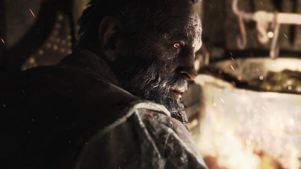 Screenshot from Resident Evil 4 Remake showing a character with a blurred face, standing near a glowing, fiery background.