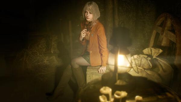 A screenshot from Resident Evil 4 Remake showing a blonde woman sitting on a wooden bench in a dimly lit room.