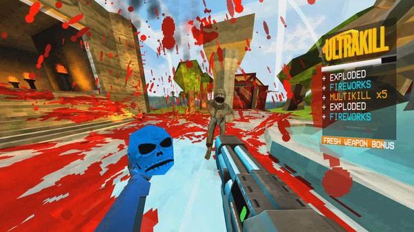 ULTRAKILL screenshot: Player wields a blue skull and a gun, surrounded by blood splatters and enemies in a vibrant environment.