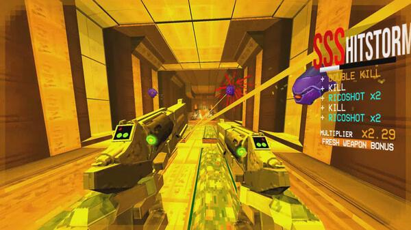 Screenshot from ULTRAKILL showing dual guns firing in a vibrant, yellow-lit corridor with a hit streak on screen.