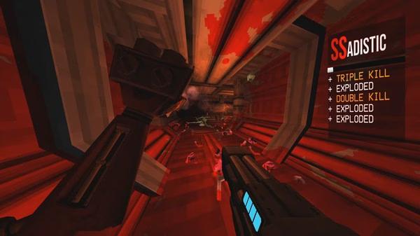 ULTRAKILL screenshot: A robotic arm holds a weapon in a red corridor with scattered enemies and a kill count displayed.
