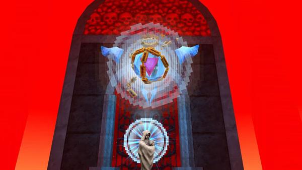 ULTRAKILL screenshot: A vibrant red background with an angelic figure and a glowing, intricate halo design at the center.