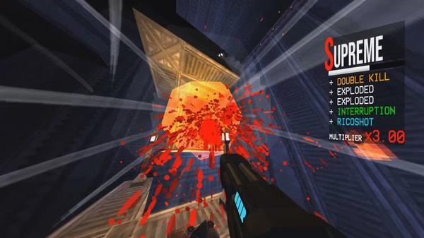 ULTRAKILL screenshot: Player fires a weapon at a glowing enemy, scattering blood and achieving a Supreme score multiplier.