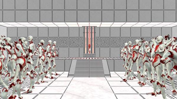ULTRAKILL screenshot: A group of humanoid figures with red markings stand in a geometric room with a central figure on a raised platform.
