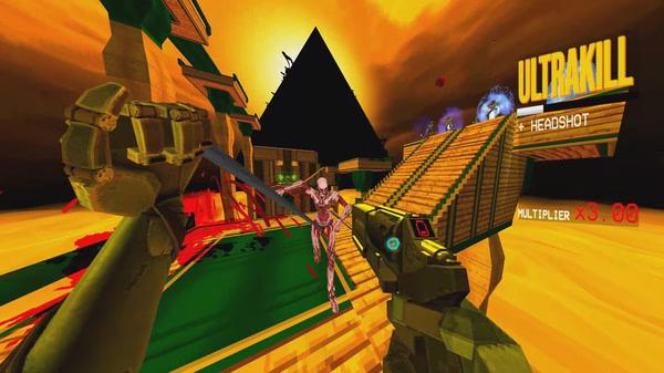 ULTRAKILL screenshot: Player attacks a humanoid enemy with a blade in a fiery pyramid arena, multiplier displayed as x3.00.