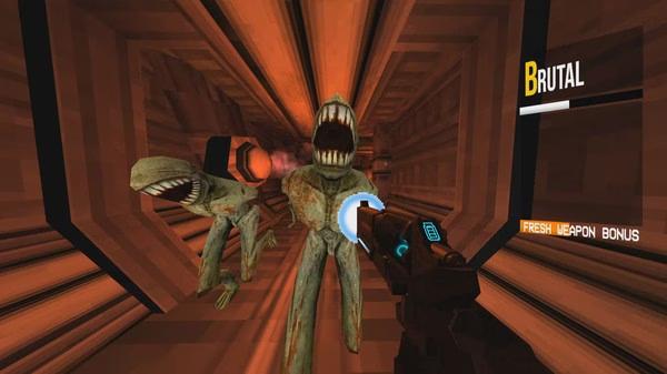 ULTRAKILL screenshot: Player aims a glowing weapon at two monstrous enemies in a narrow, orange-lit corridor. HUD displays "Brutal" rank.