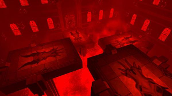 ULTRAKILL screenshot: A fiery red room with glowing platforms, demonic symbols, and a gate surrounded by intricate designs.