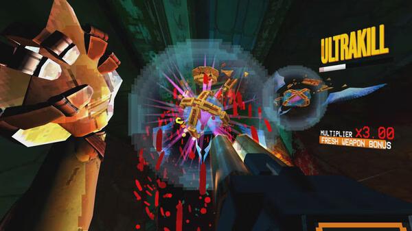 A ULTRAKILL screenshot showing a player firing at an enemy, with a multiplier score visible in the corner.