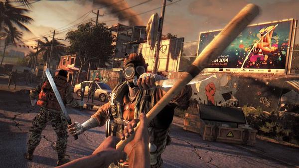 Dying Light screenshot: A player character holding a bat confronts an enemy wielding a knife in a post-apocalyptic urban setting.