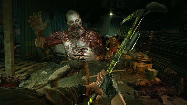 Dying Light screenshot: A player wields a weapon against a grotesque zombie in a dark, cluttered environment.