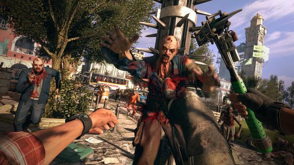 Dying Light screenshot showing a player attacking a zombie with a melee weapon in a sunlit urban environment.