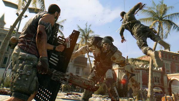 A Dying Light screenshot showing intense combat with zombies, survivors wielding weapons, and palm trees in the background.