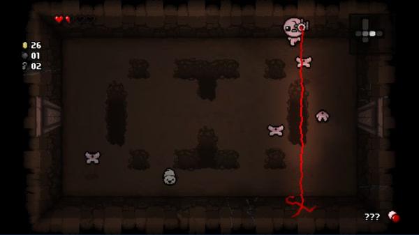 A screenshot of The Binding of Isaac: Rebirth showing Isaac battling enemies in a dark dungeon with a red laser attack.