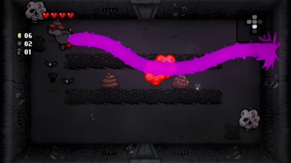 Screenshot from *The Binding of Isaac: Rebirth* showing Isaac attacking enemies with a large purple beam in a dark dungeon room.