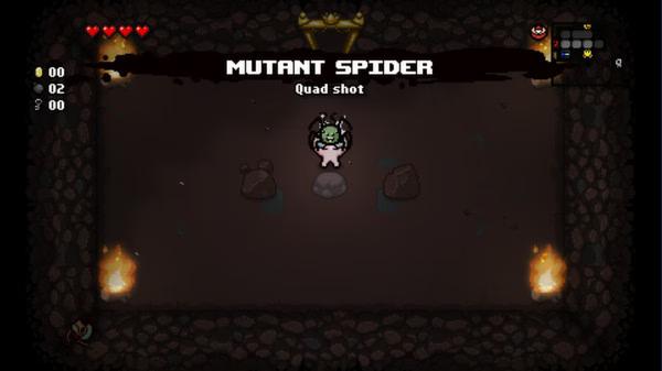Screenshot from The Binding of Isaac: Rebirth showing the character Isaac obtaining the Mutant Spider item in a dim, fiery room.