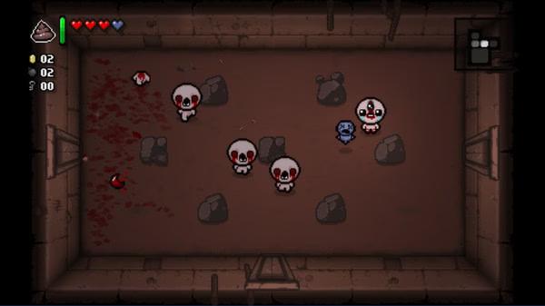 A screenshot from The Binding of Isaac: Rebirth showing Isaac battling multiple grinning enemies in a dark, rocky room.