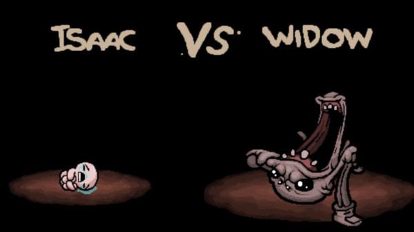 Screenshot from The Binding of Isaac: Rebirth showing Isaac facing off against the Widow boss in a dark arena.