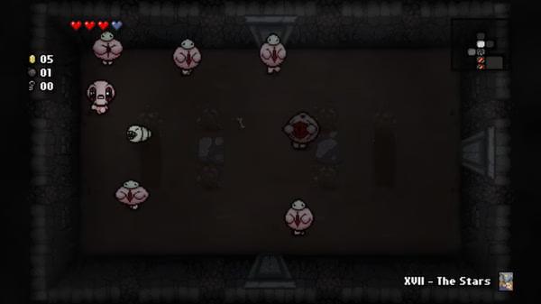 The Binding of Isaac: Rebirth screenshot showing Isaac surrounded by multiple enemies in a dark room with stats displayed on the screen.