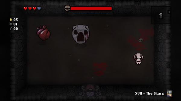 Screenshot from The Binding of Isaac: Rebirth showing a character facing a large, menacing mask and heart in a dark room.