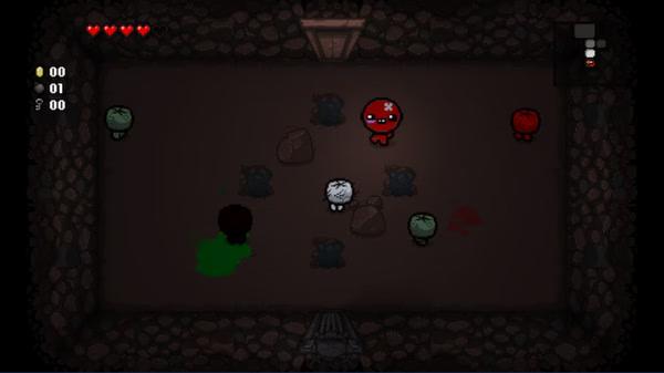 Screenshot from The Binding of Isaac: Rebirth showing a character fighting enemies in a dimly lit, stone-walled room.