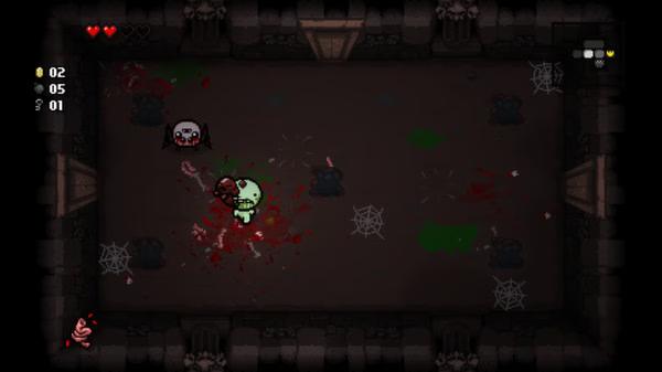 Screenshot from The Binding of Isaac: Rebirth showing Isaac battling a spider enemy in a dark, dungeon-like room with webs and blood splatters.