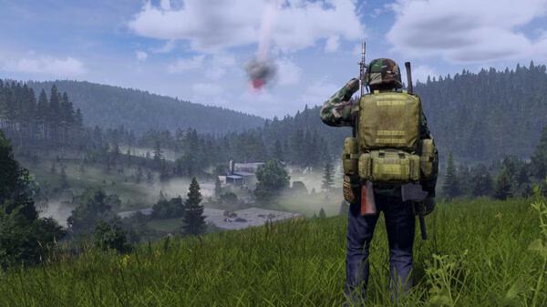 DayZ screenshot: A player stands on a grassy hilltop, overlooking a misty forested valley with buildings below, wearing a camouflage outfit and backpack.