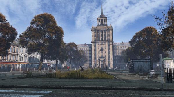 DayZ screenshot: A large building stands at the center of a town square surrounded by trees, benches, and scattered players.