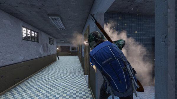DayZ screenshot: A player in a blue jacket and camo hat fires a rifle inside a tiled, dimly-lit hallway.