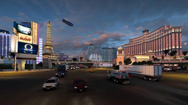 Screenshot from American Truck Simulator showing a bustling city intersection with trucks, cars, and buildings at dusk.