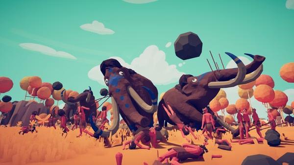 Totally Accurate Battle Simulator screenshot: Mammoths charge through a chaotic battlefield with colorful characters engaged in combat.