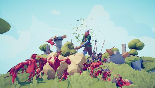 Screenshot from Totally Accurate Battle Simulator showing a chaotic fight between colorful, cartoonish warriors in a grassy landscape.