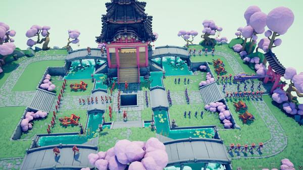 Screenshot of Totally Accurate Battle Simulator showing a battle in a colorful, temple-themed arena with various units on bridges and paths.