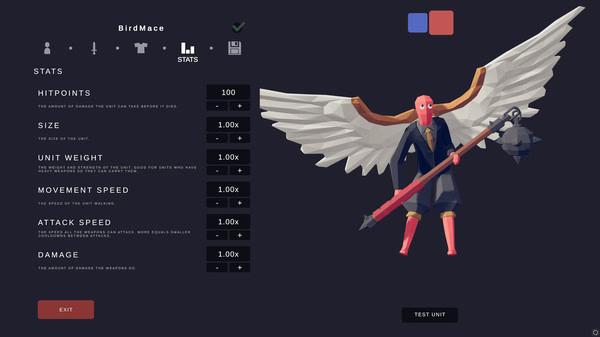 Screenshot from Totally Accurate Battle Simulator showing a character with wings and a mace on the stats customization screen.