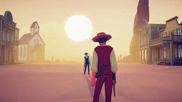 A Totally Accurate Battle Simulator screenshot shows a cowboy standoff in a deserted Wild West town at sunset.